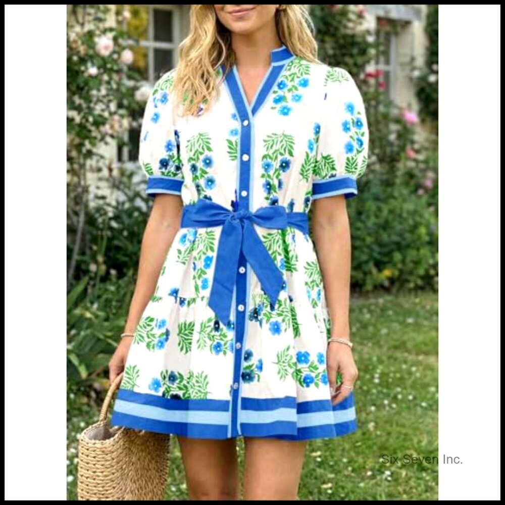 Summer Floral Mini Dress Puff Sleeve V Neck Button Down Casual Loose Boho - Picture 2 of 5